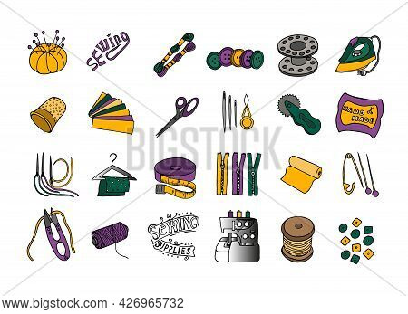 A Set Of Tools For Needlework: Sewing Machine, Iron, Scissors, Spools Of Thread, Buttons, Needles In