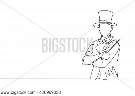 Single Continuous Line Drawing Of Young Male Magician Cross Arm On Chest While Holding Magic Wand. P