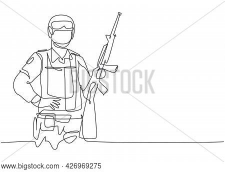 Single One Line Drawing Of Young Male Soldier Holding Riffle Weapon. Professional Work Profession An