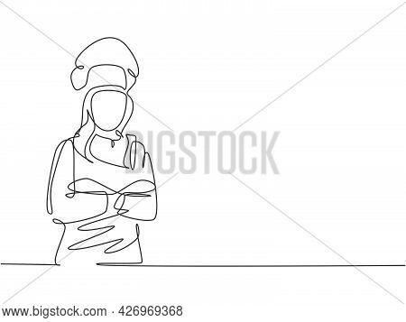 Single Continuous Line Drawing Of  Young Confident Beauty Female Chef In Uniform Pose Standing And C