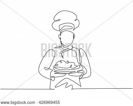 Continuous One Line Drawing Of Young Handsome Man Chef In Uniform Serving Main Dish To Customer At H
