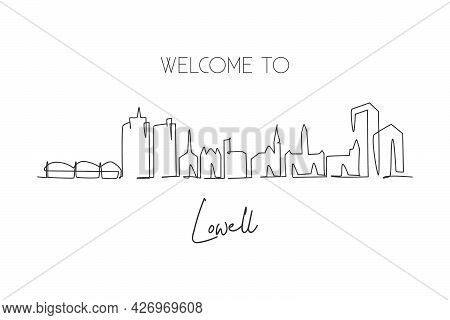 One Single Line Drawing Lowell City Skyline, Massachusetts. World Historical Town Landscape. Best Ho