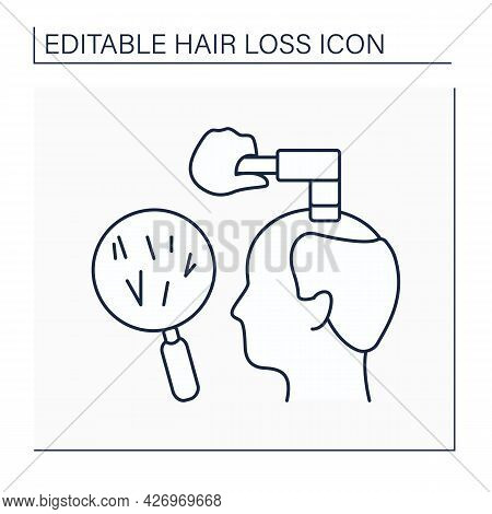 Diagnostic Line Icon. Hair Loss Diagnosis. Doctor Examines Condition Of Hair, Analyzes Scalp And Off