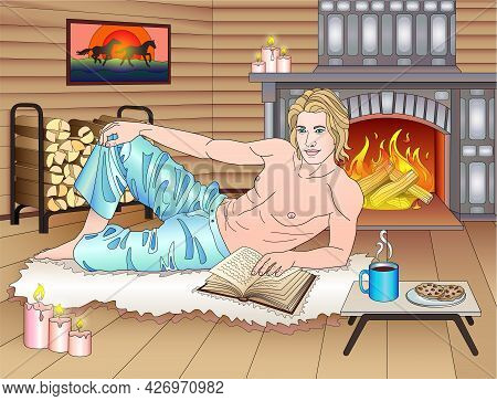Young Sexy Man In An Interior With Candles Romantic. Handsome Guy Is Reading A Book On The Carpet Ne