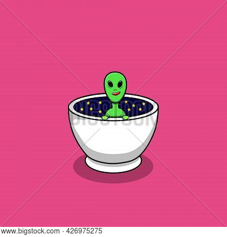 Alien On Cup Of Coffee Space Cartoon Vector Icon Illustration. Space Icon Concept Isolated Premium V