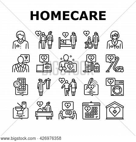 Homecare Services Collection Icons Set Vector. Volunteer Personal Care Elderly And Sick People, Dres
