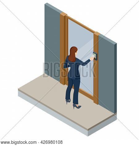 Wireless Door Lock Vector Icon, Smart Lock System. Isometric Woman Holding A Key Card To Lock And Un