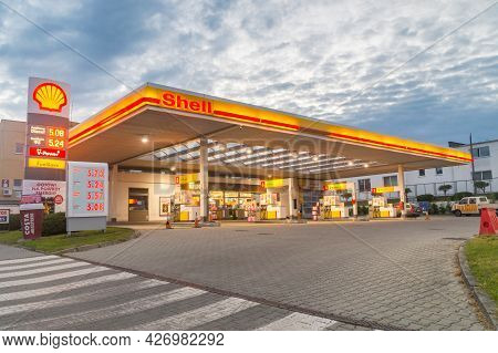 Zgorzelec, Poland - June 2, 2021: Shell Gas Station During Sunrise. Royal Dutch Shell Plc, Commonly 