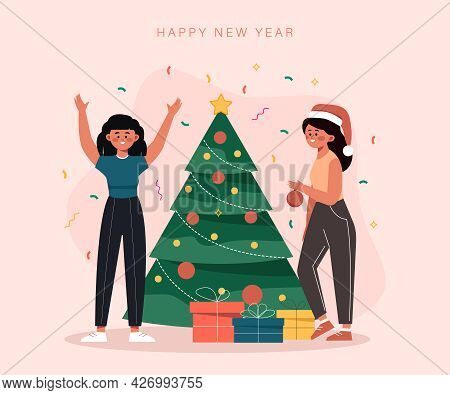 Christmas card. people decorate the tree and give presents for the new year. Merry christmas and happy new year banner 2022. Christmas background. Merry Christmas card with gold snowflakes vector Illustration. Merry Christmas card vector Illustration.Chri