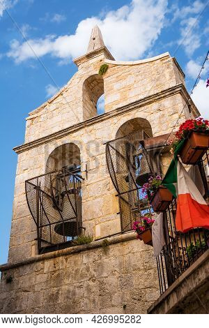 Bell Tower Of The Church Of Sant'andrea Apostolo In The Ancient Mountain Village Of Pretoro In Abruz