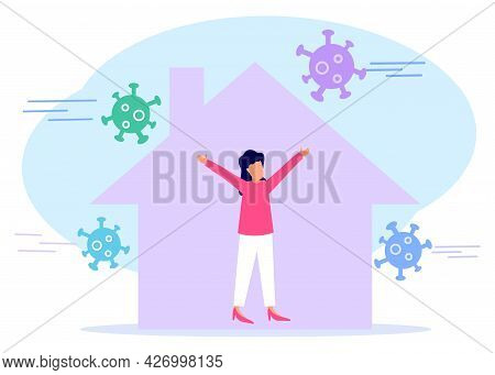 Vector Illustration, Isolate Yourself From Pandemic. A Woman Is Doing Quarantine And Self-isolation 
