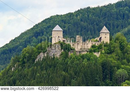 Castle Ruins Gallenstein. Beautiful Old Castle In The Austrian Alps With Forest And Rock On The Hill