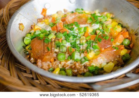 Egg With Minced Pork,pepper,sausage,spring Onion,string Bean,corn,in A Frying Pan For Breakfast..