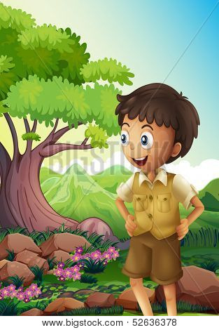 Illustration of a young boyscout in the forest