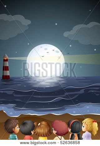 Illustration of the kids watching the fullmoon at the beach