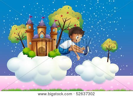Illustration of a boy jumping near the castle