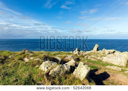View from Land`s End Cornwall England UK including the Longships lighthouse and Cornish coast