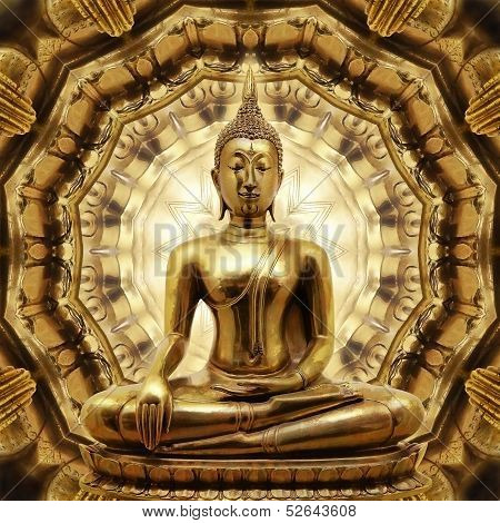 Thai Golden Buddha On Oriental Gold Ornament Texture Background.