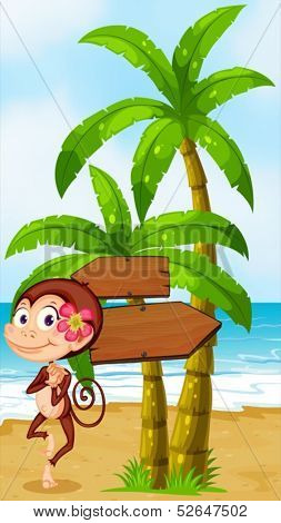 Illustration of a monkey in a hawaiian attire dancing near the wooden arrowboard
