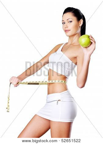 Slimming Woman With A Measuring Tape And Apple