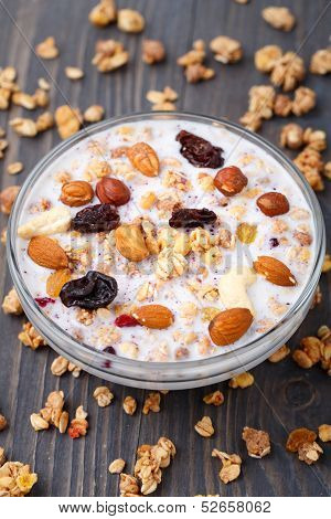 Healthy Muesli Breakfast With Nuts And Raisin