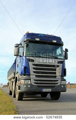 Blue Scania Tipper Truck On A Parking Lot