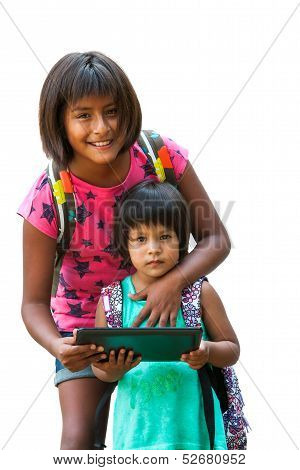 Girl Showing Tablet To Youngster.