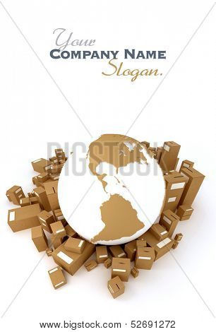 Brown Earth globe surrounded by packages oriented to America