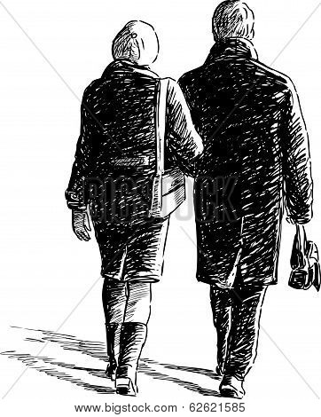 Vector sketch of the couple of  townspeople on a stroll.