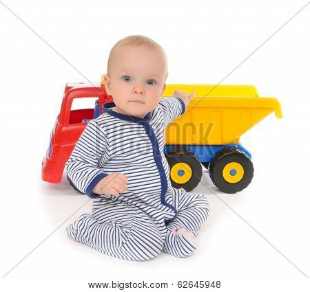 Child Baby Boy Toddler Happy Sitting With Big Toy Car Truck