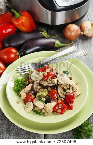Vegetables, Steamed With Chicken And Green Lentils