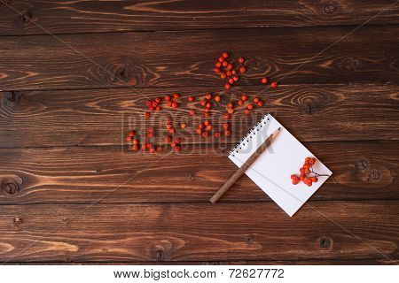 White notebook and red ashberry on the table