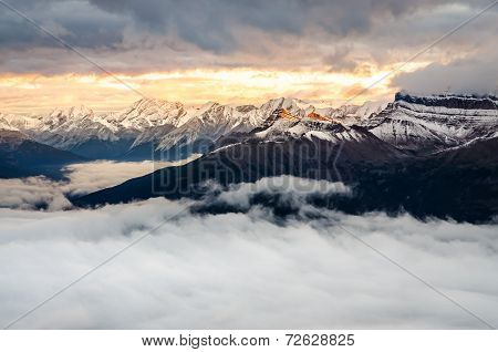 Colorful Sunrise With Winter Mountain Range, Banff, Canada