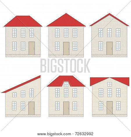Set Of Brick Houses With Different Red Tile Roofs