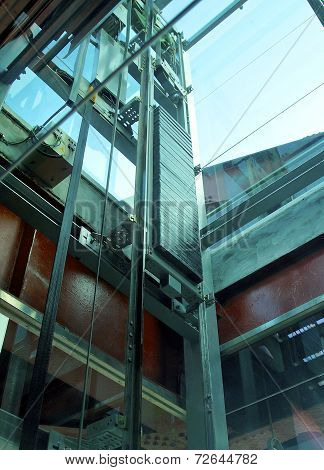 The close view of an elevator's hoistway