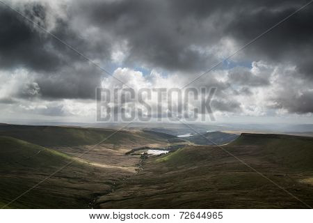 Beautiful Landscape Of Brecon Beacons National Park With Moody Sky