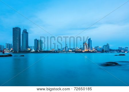Beautiful Coastal City Of Xiamen Skyline In Nightfall