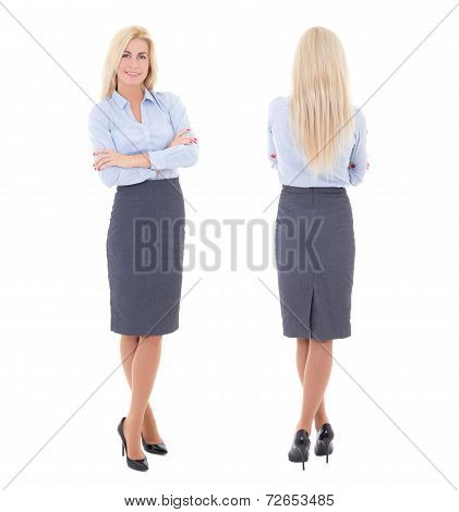 Front And Back View Of Young Beautiful Woman In Business Suit Isolated On White