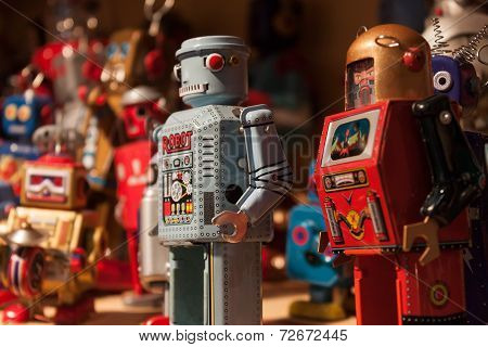Vintage Tinplate Robots On Display At Homi, Home International Show In Milan, Italy