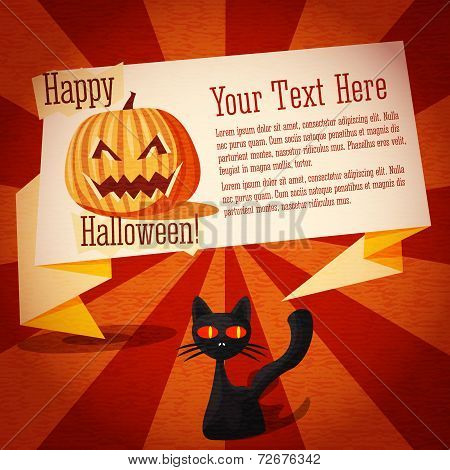 Happy halloween cute retro banner on the craft paper texture with black cat and pumpkin