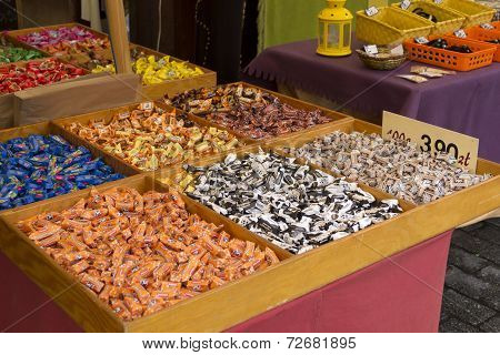 Sweets in boxes on a market
