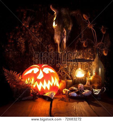 Halloween Still Life. Scary Halloween Pumpkin, Mushroom, Candles, Dried Herbs, Ferns And The Skull O