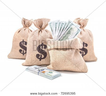 Moneybags With Dollars Isolated On White Background