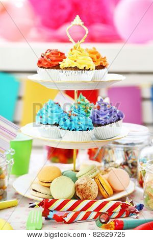Prepared birthday table with sweets for children party