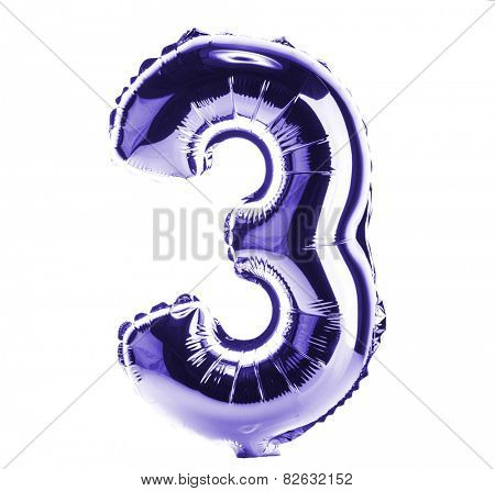 Purple Chrome balloon font part of full set of numbers, number three , 3
