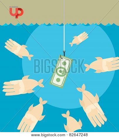 first among competitors. Money on a hook. Fish and money. hand is holding the money Hands are drawn