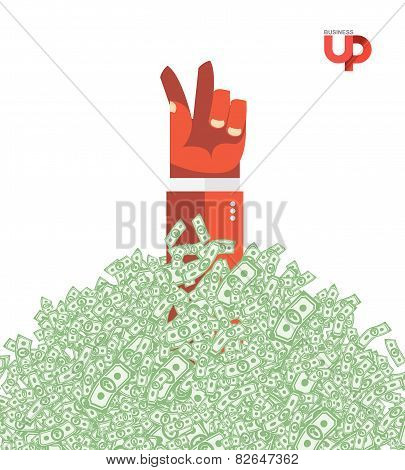 Hand And Money. The Hand Of The Winner In A Heap Of Money. Business Illustration