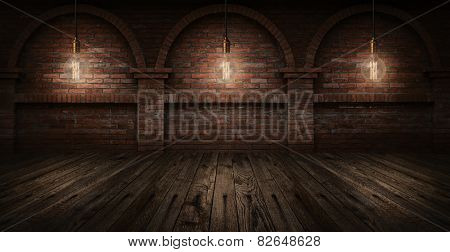 Vintage hanging energy light bulbs on brick wall background