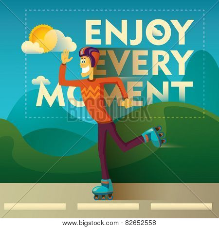 Comic guy with roller blades. Vector illustration.