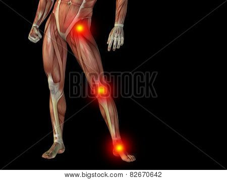 Conceptual human man anatomy lower body or health design, joint or articular pain, ache or injury on black background for medical, fitness, medicine, bone, care, hurt, osteoporosis, painful, arthritis